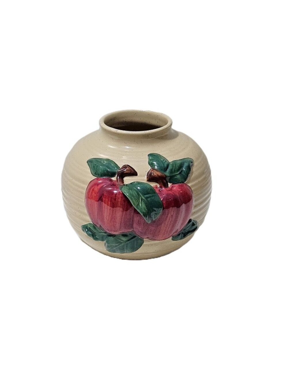 Vintage Ceramic Vase – Apple Relief – Speckled Beige – 6" Tall